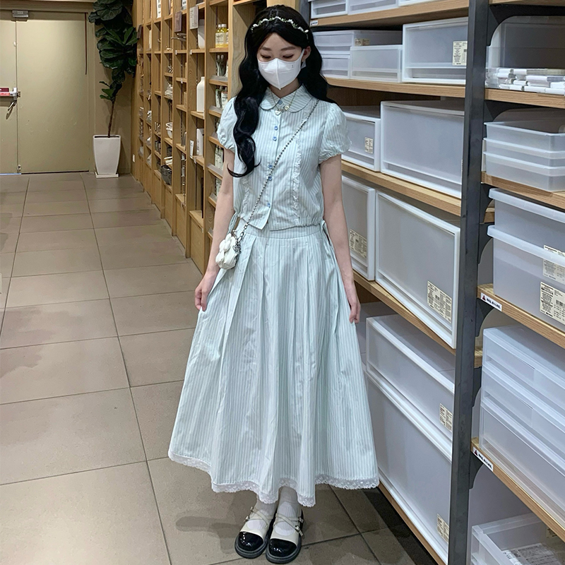Doll collar sweet shirt short sleeve long skirt 2pcs set