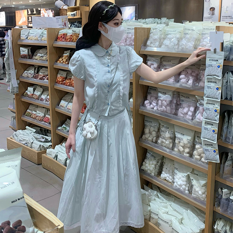 Doll collar sweet shirt short sleeve long skirt 2pcs set