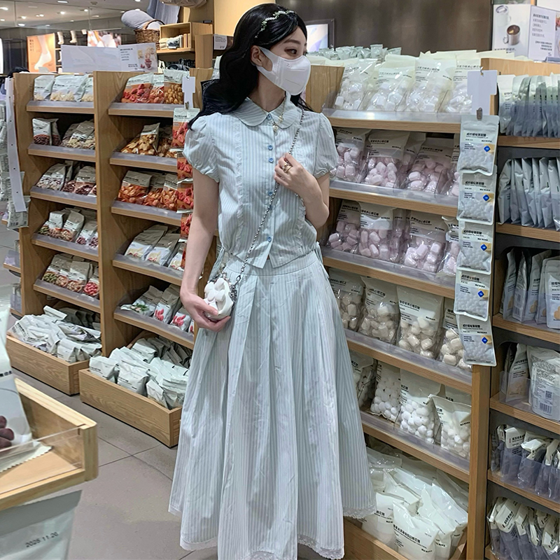 Doll collar sweet shirt short sleeve long skirt 2pcs set