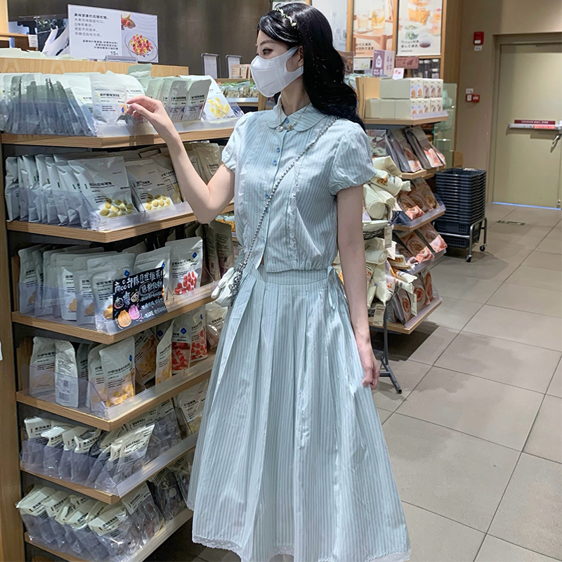 Doll collar sweet shirt short sleeve long skirt 2pcs set