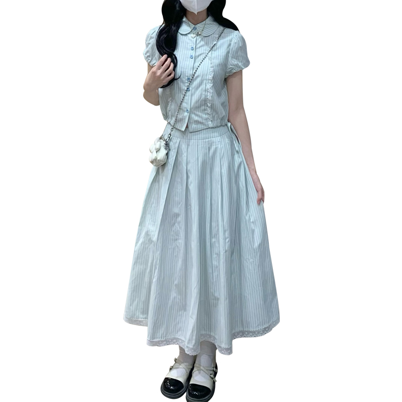 Doll collar sweet shirt short sleeve long skirt 2pcs set