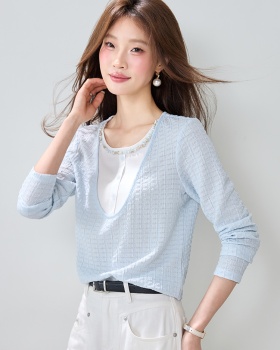 Spring splice tops simple Pseudo-two T-shirt for women