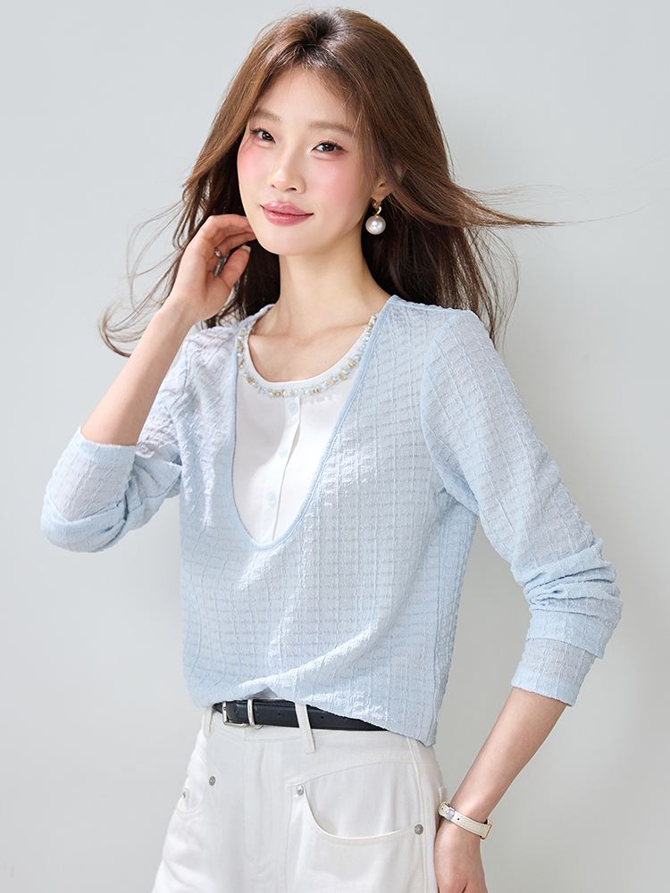 Spring splice tops simple Pseudo-two T-shirt for women