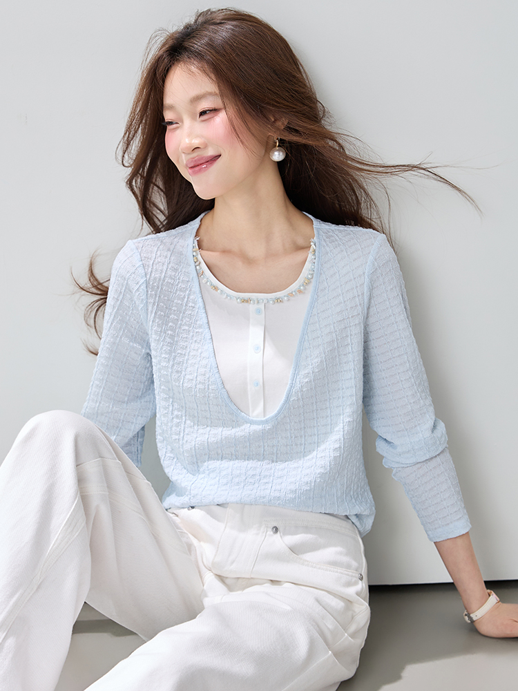 Spring splice tops simple Pseudo-two T-shirt for women