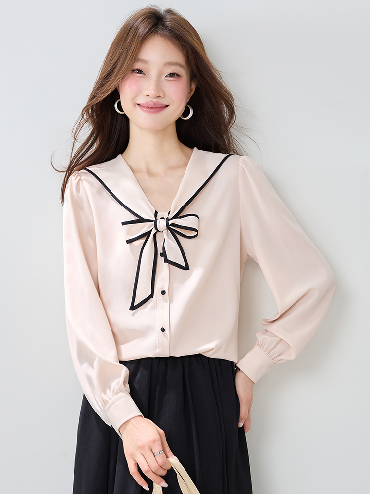 Tender France style shirt navy collar tops for women