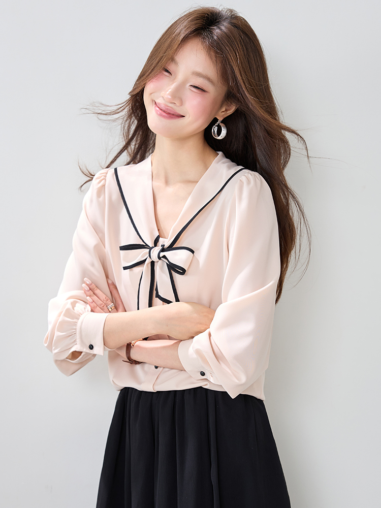 Tender France style shirt navy collar tops for women