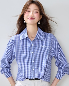 Blue grid long sleeve loose France style shirt for women