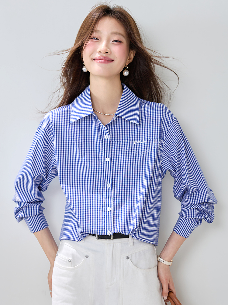 Blue grid long sleeve loose France style shirt for women