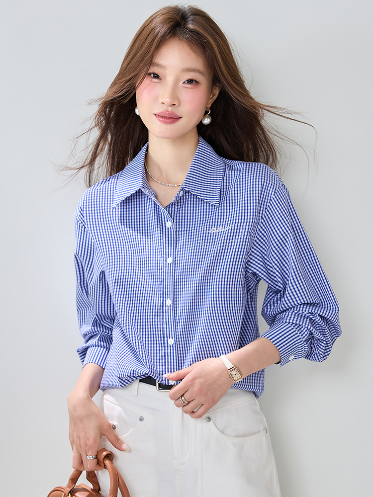 Blue grid long sleeve loose France style shirt for women
