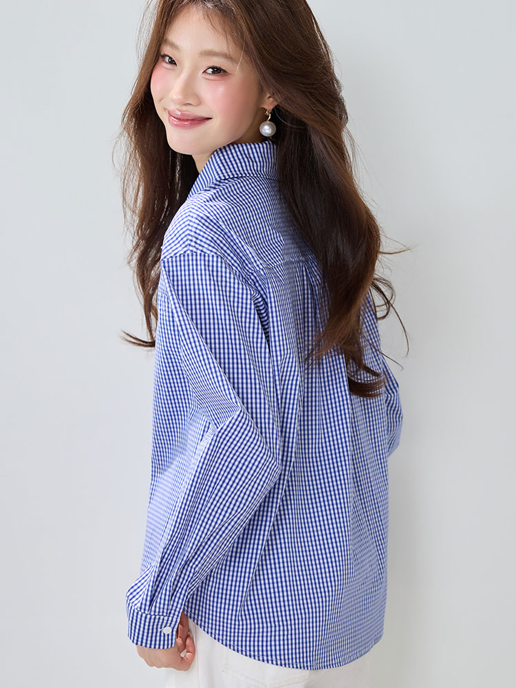 Blue grid long sleeve loose France style shirt for women