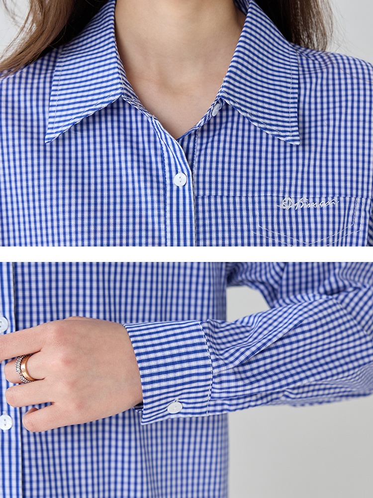 Blue grid long sleeve loose France style shirt for women