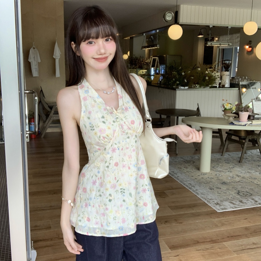 Frenum slim France style sling retro halter floral vest