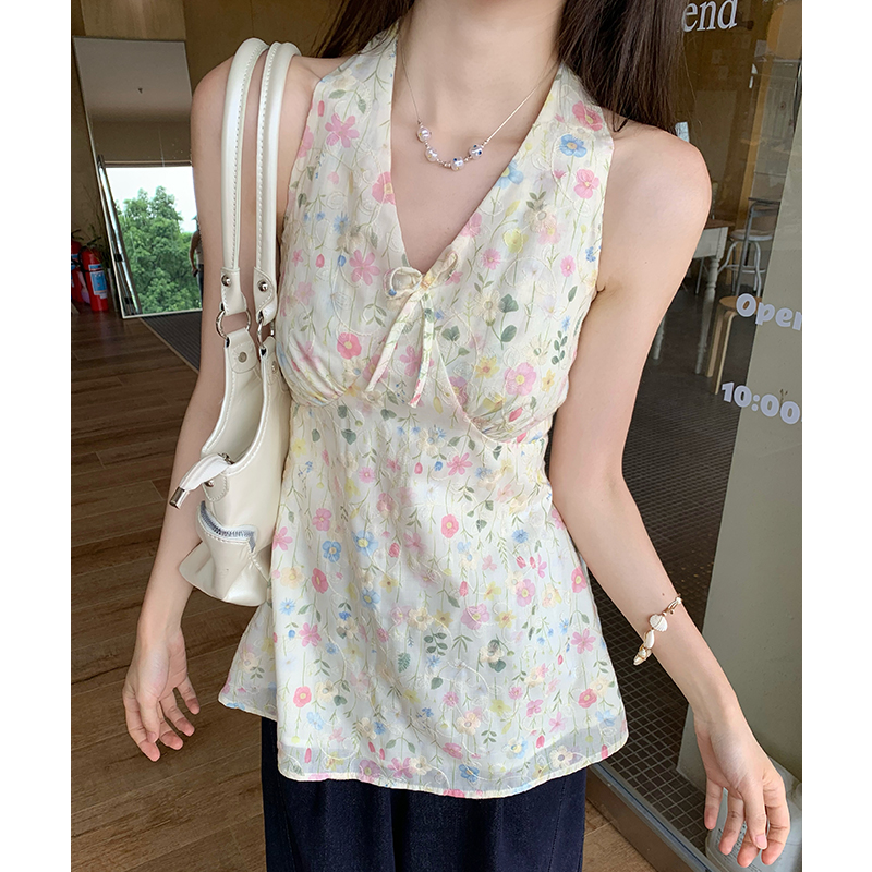 Frenum slim France style sling retro halter floral vest
