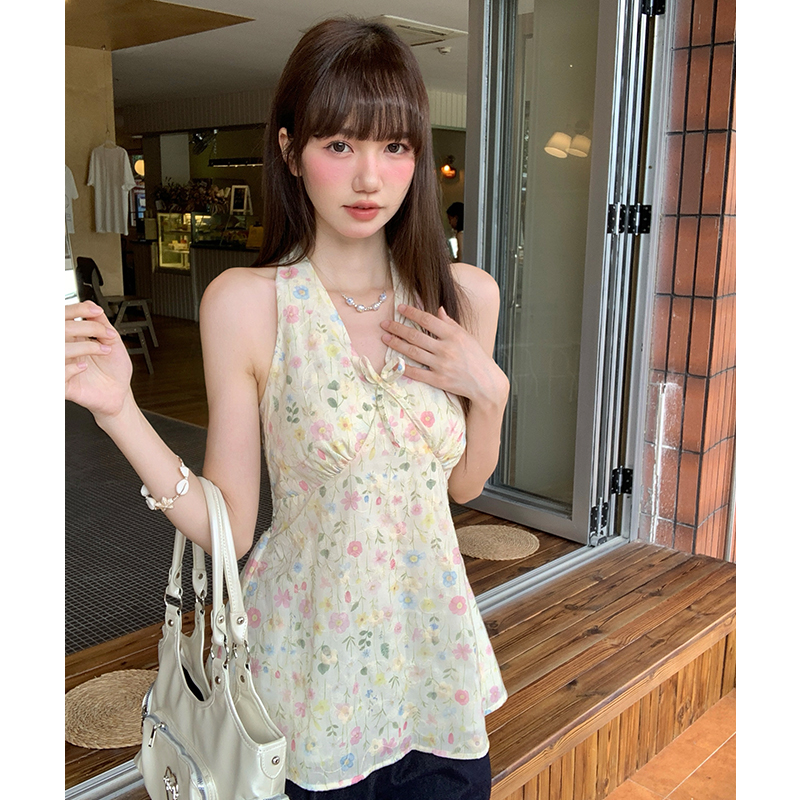 Frenum slim France style sling retro halter floral vest