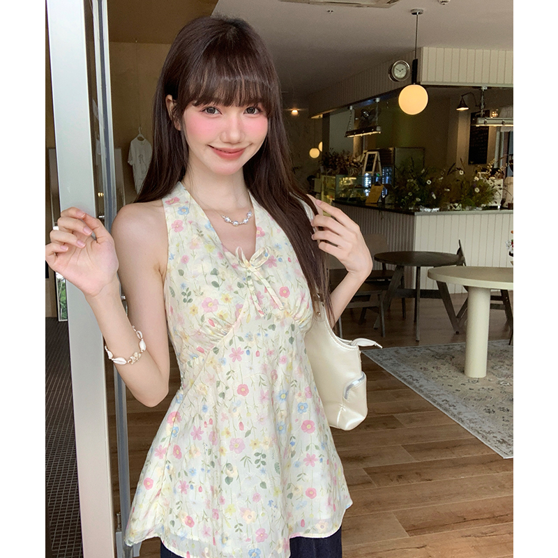 Frenum slim France style sling retro halter floral vest