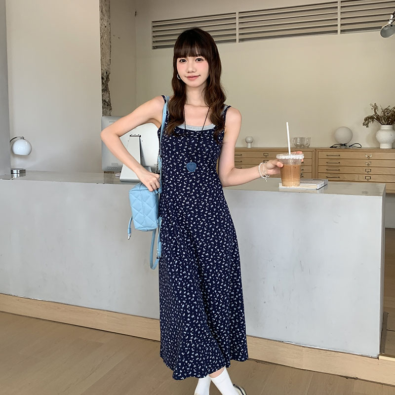 Pinched waist floral dress Pseudo-two long dress for women