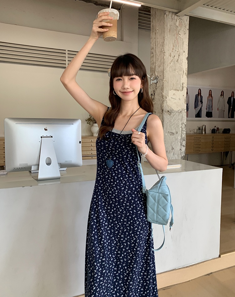 Pinched waist floral dress Pseudo-two long dress for women