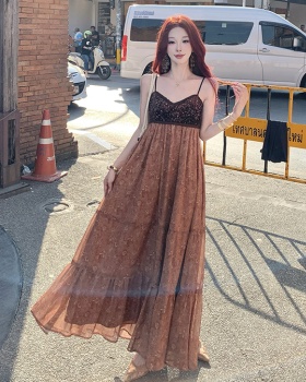 Pinched waist sling long dress tender dress for women