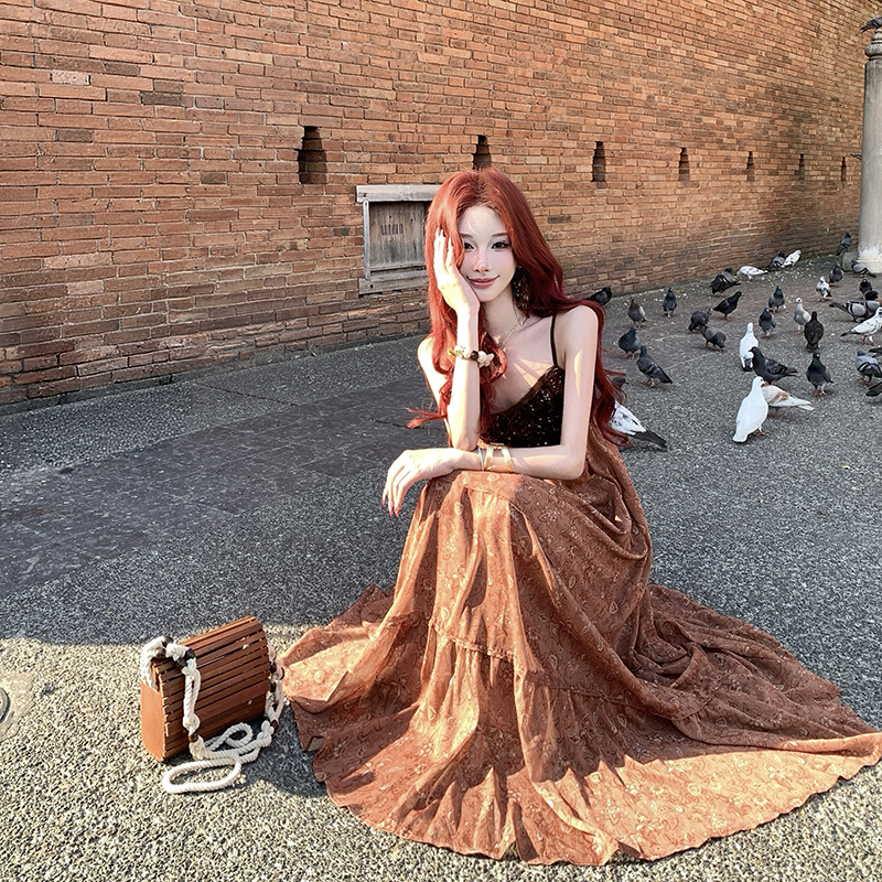 Pinched waist sling long dress tender dress for women