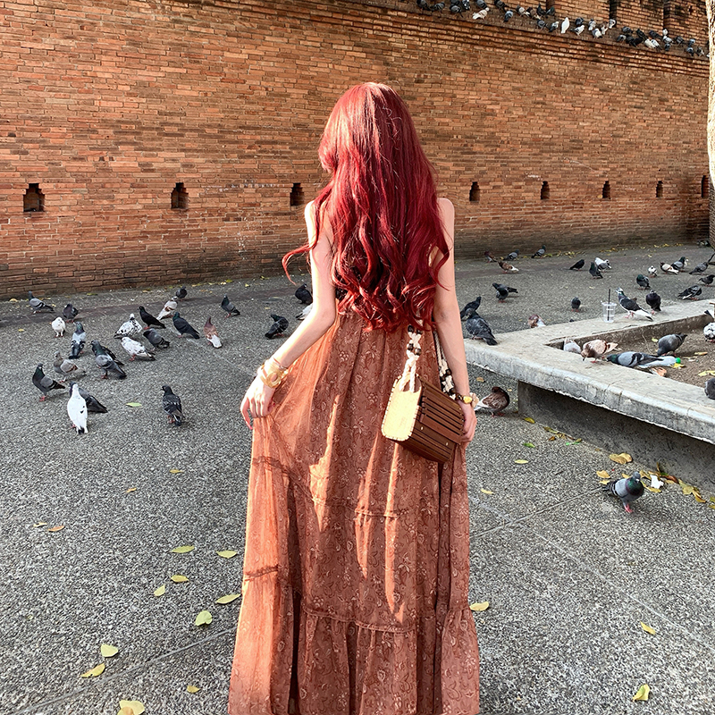 Pinched waist sling long dress tender dress for women