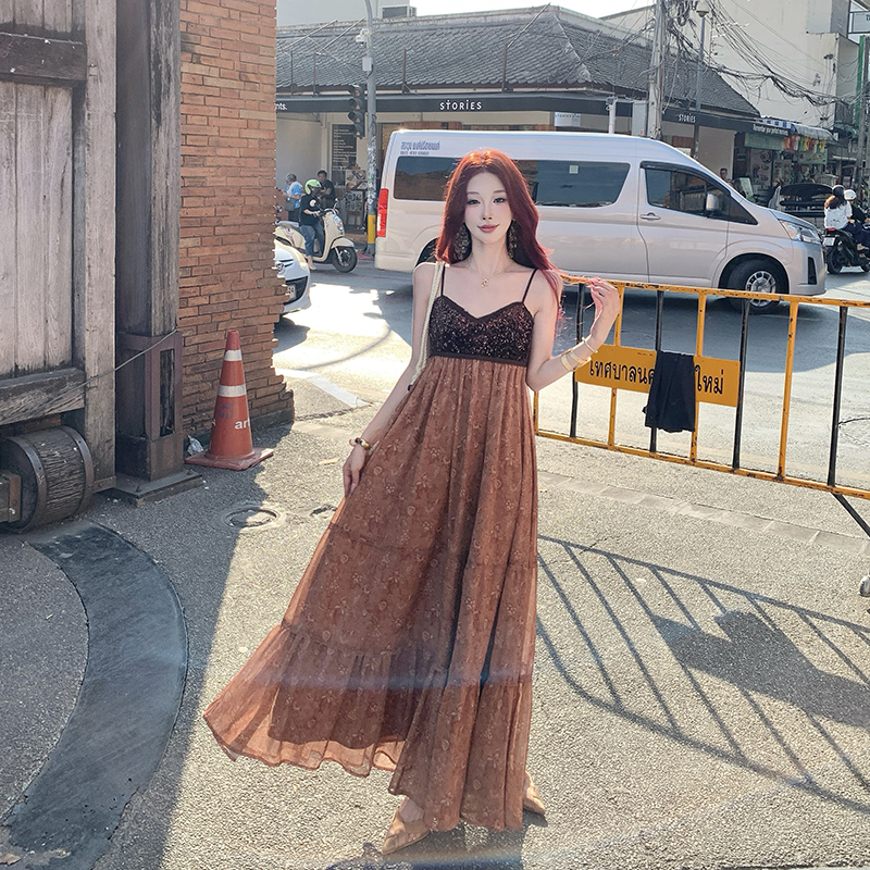 Pinched waist sling long dress tender dress for women