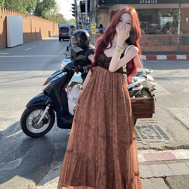 Pinched waist sling long dress tender dress for women