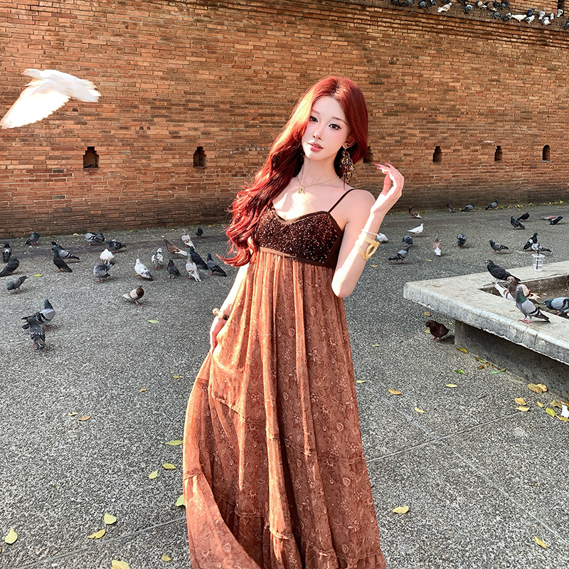 Pinched waist sling long dress tender dress for women