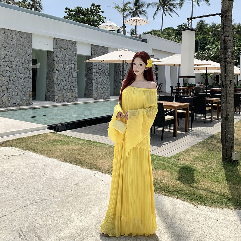 Thin summer skirt yellow tops 2pcs set for women