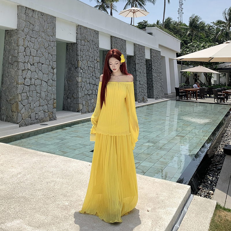 Thin summer skirt yellow tops 2pcs set for women