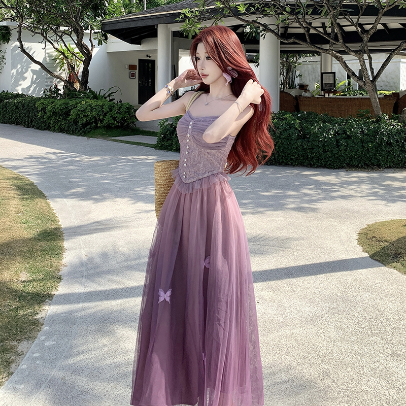 Gauze butterfly gradient stereoscopic strap dress
