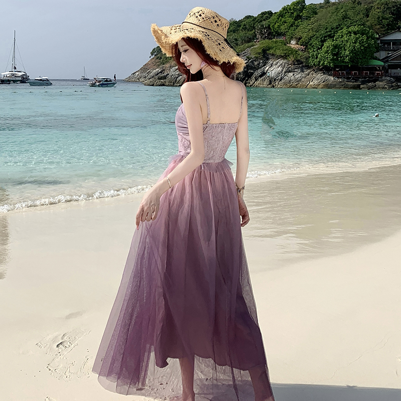 Gauze butterfly gradient stereoscopic strap dress
