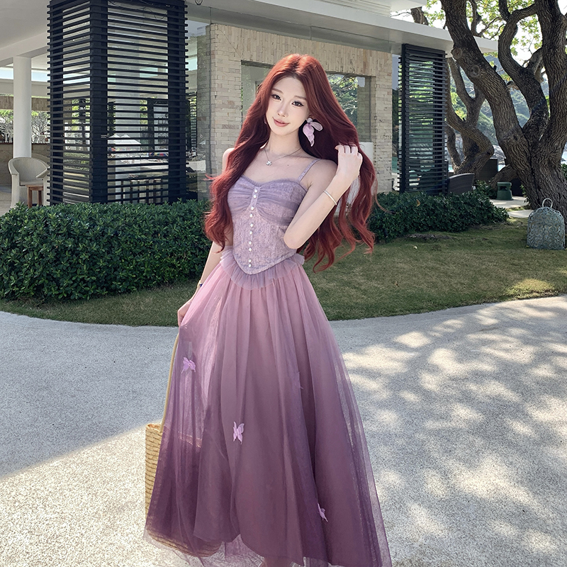 Gauze butterfly gradient stereoscopic strap dress