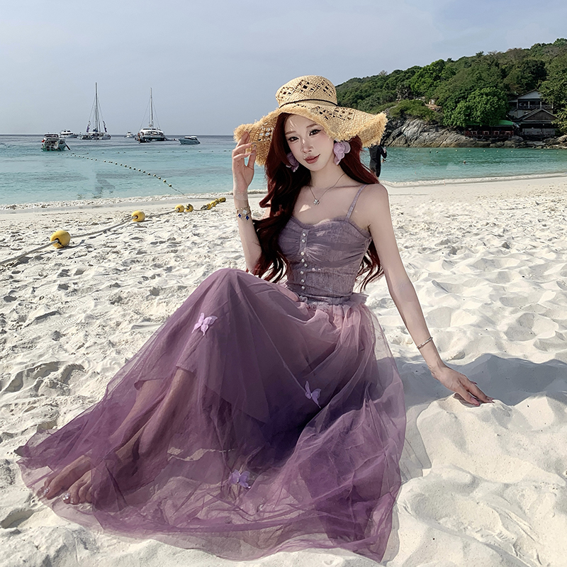 Gauze butterfly gradient stereoscopic strap dress