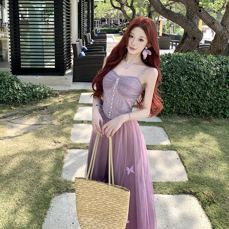Gauze butterfly gradient stereoscopic strap dress
