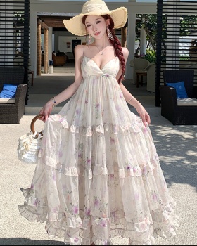 Floral bronzing long dress France style strap dress for women