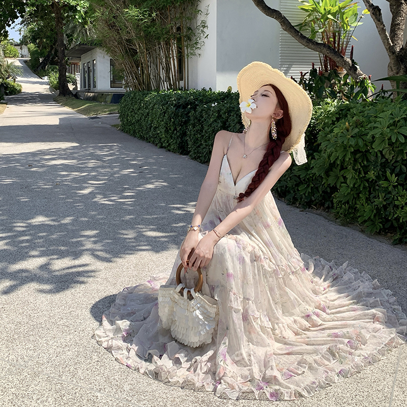 Floral bronzing long dress France style strap dress for women