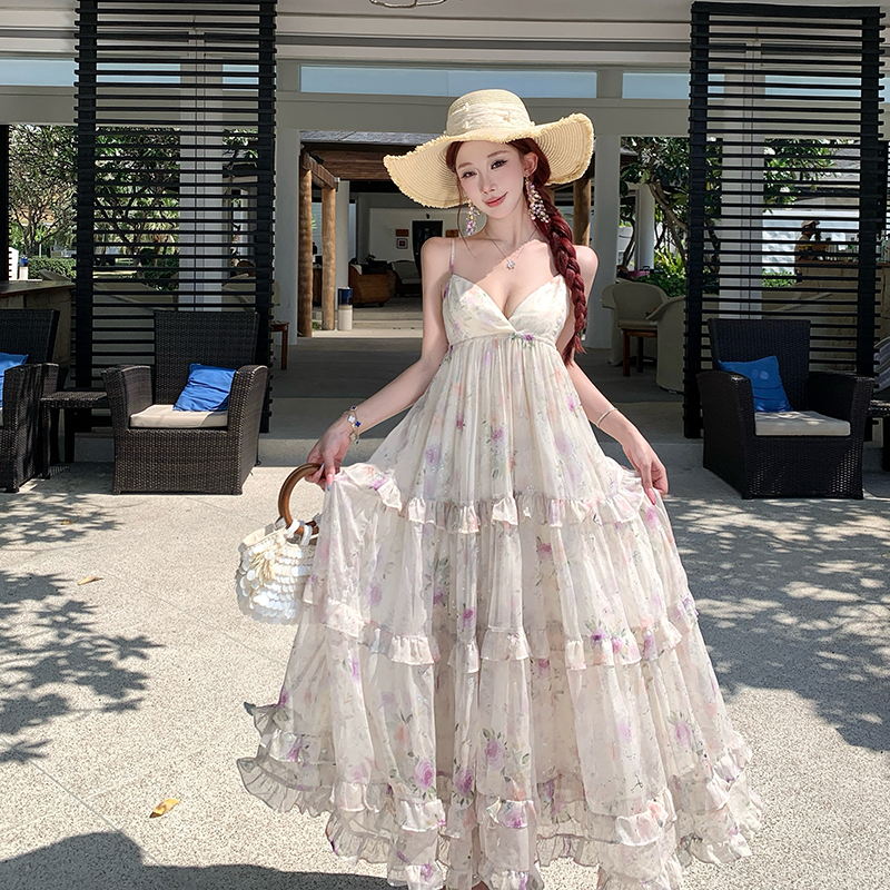 Floral bronzing long dress France style strap dress for women