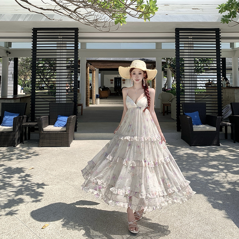 Floral bronzing long dress France style strap dress for women