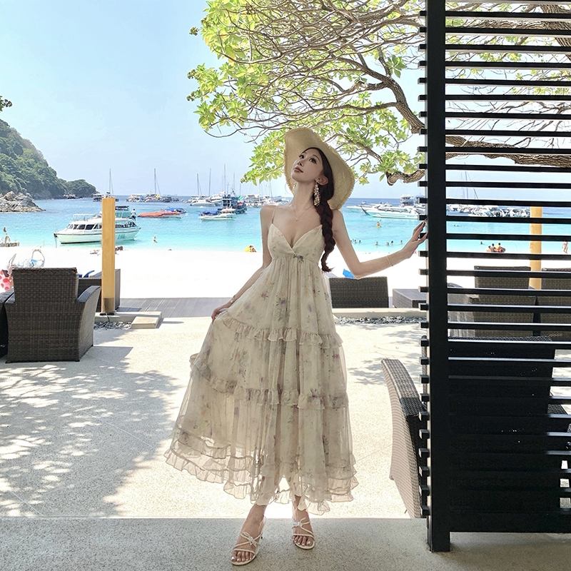 Floral bronzing long dress France style strap dress for women