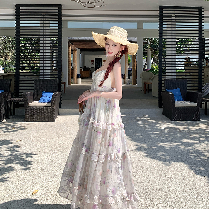 Floral bronzing long dress France style strap dress for women