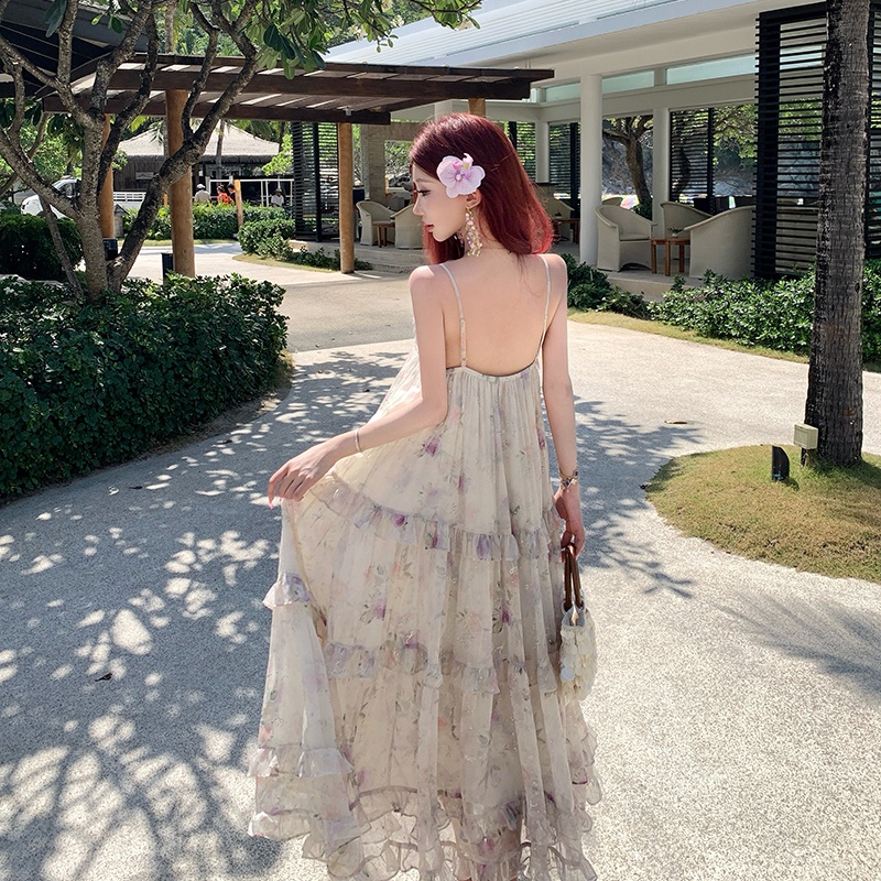 Floral bronzing long dress France style strap dress for women