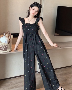 Summer embroidery colors boats sleeve jumpsuit for women