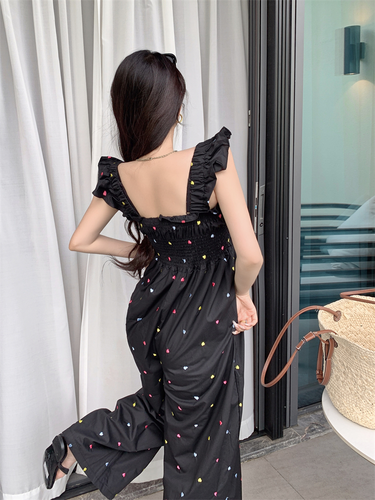 Summer embroidery colors boats sleeve jumpsuit for women