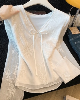 Bow V-neck tops lace temperament small shirt for women