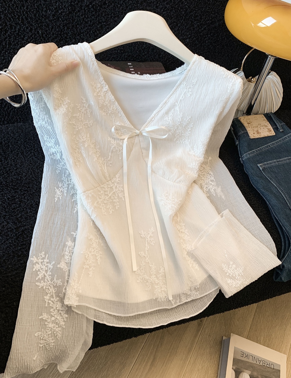 Bow V-neck tops lace temperament small shirt for women