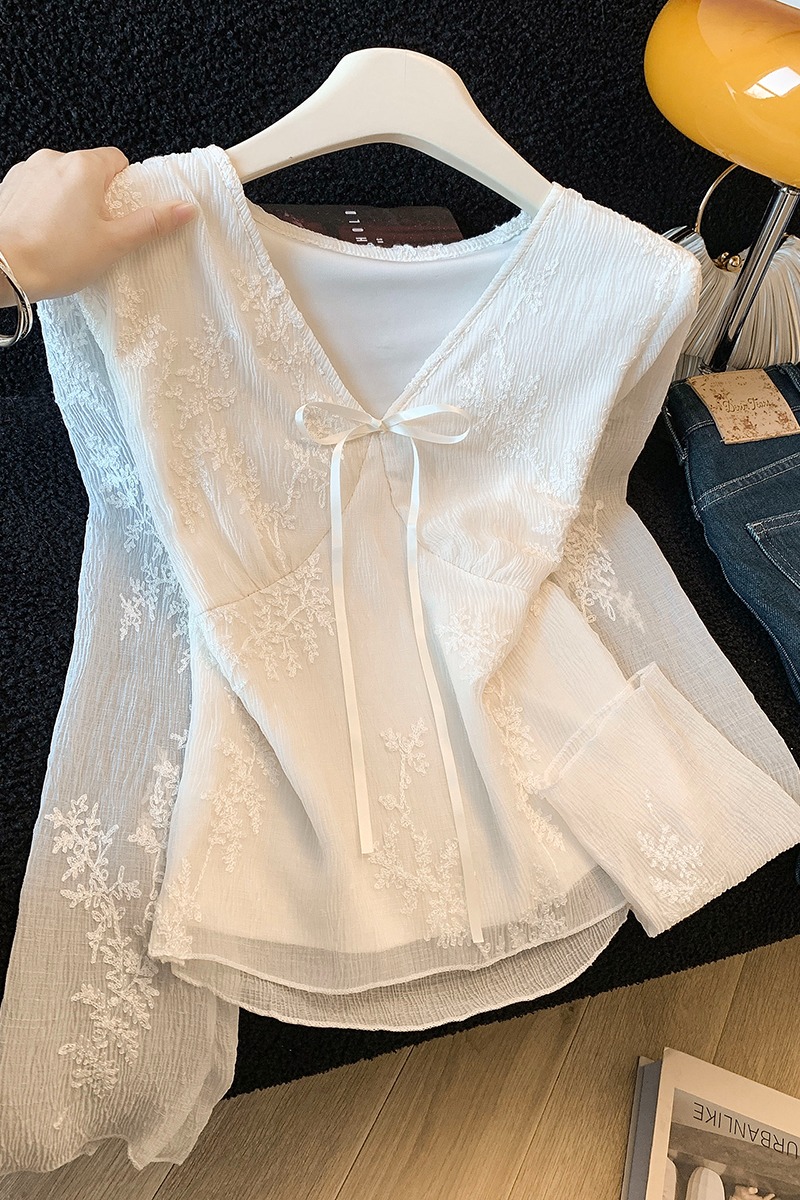 Bow V-neck tops lace temperament small shirt for women