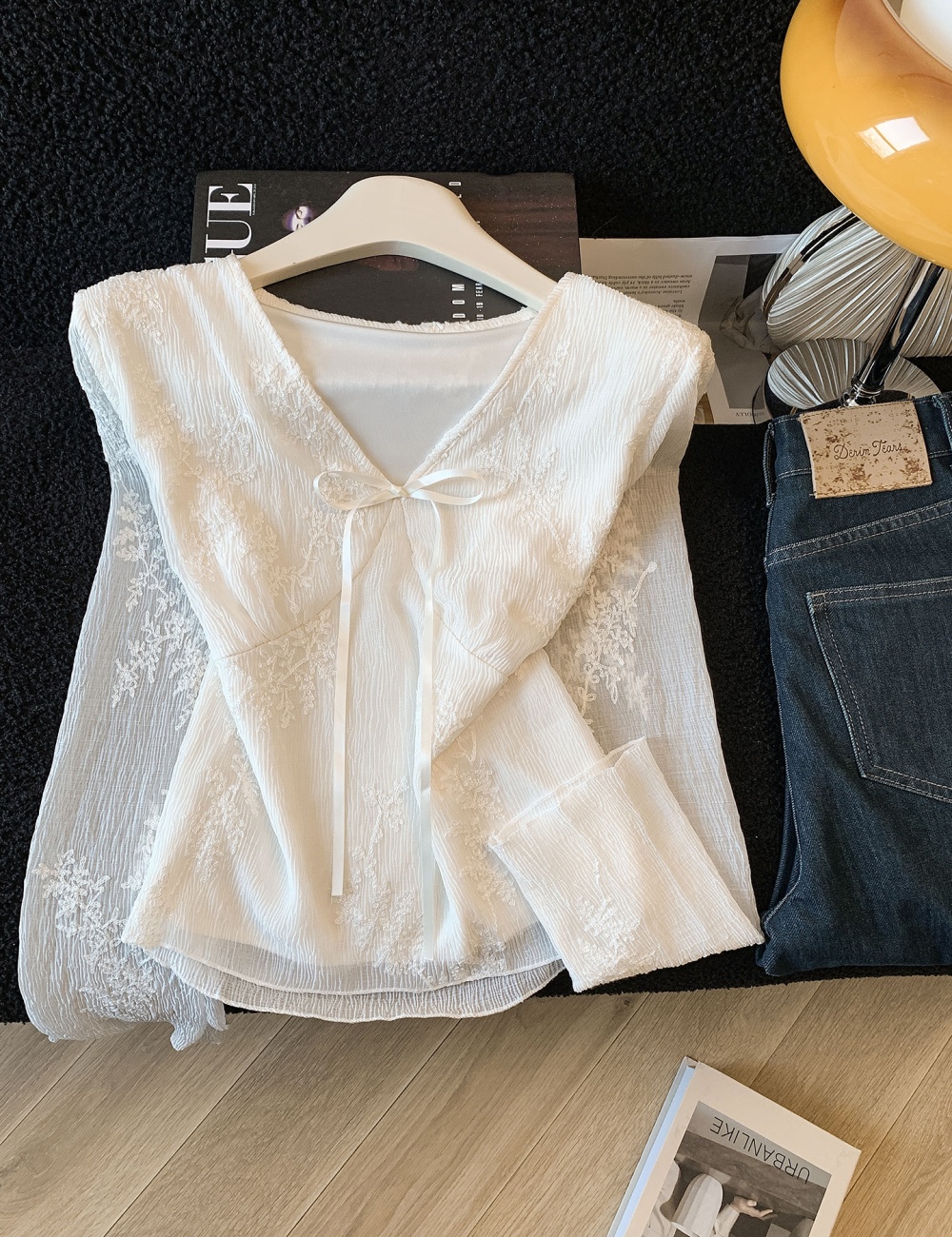 Bow V-neck tops lace temperament small shirt for women