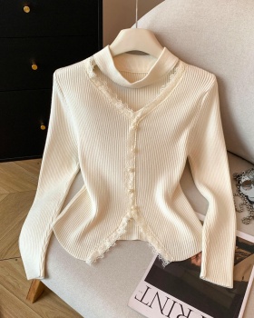 Pearl thick buckle lace halter knitted long sleeve tops