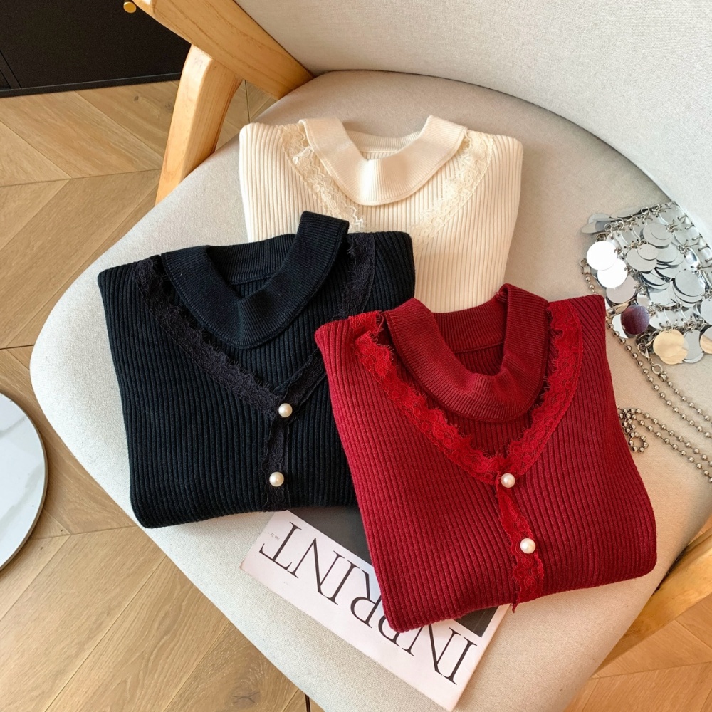 Pearl thick buckle lace halter knitted long sleeve tops