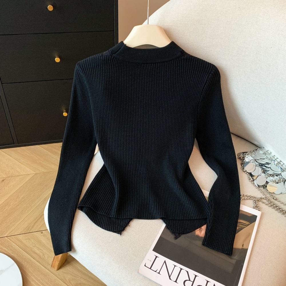 Pearl thick buckle lace halter knitted long sleeve tops